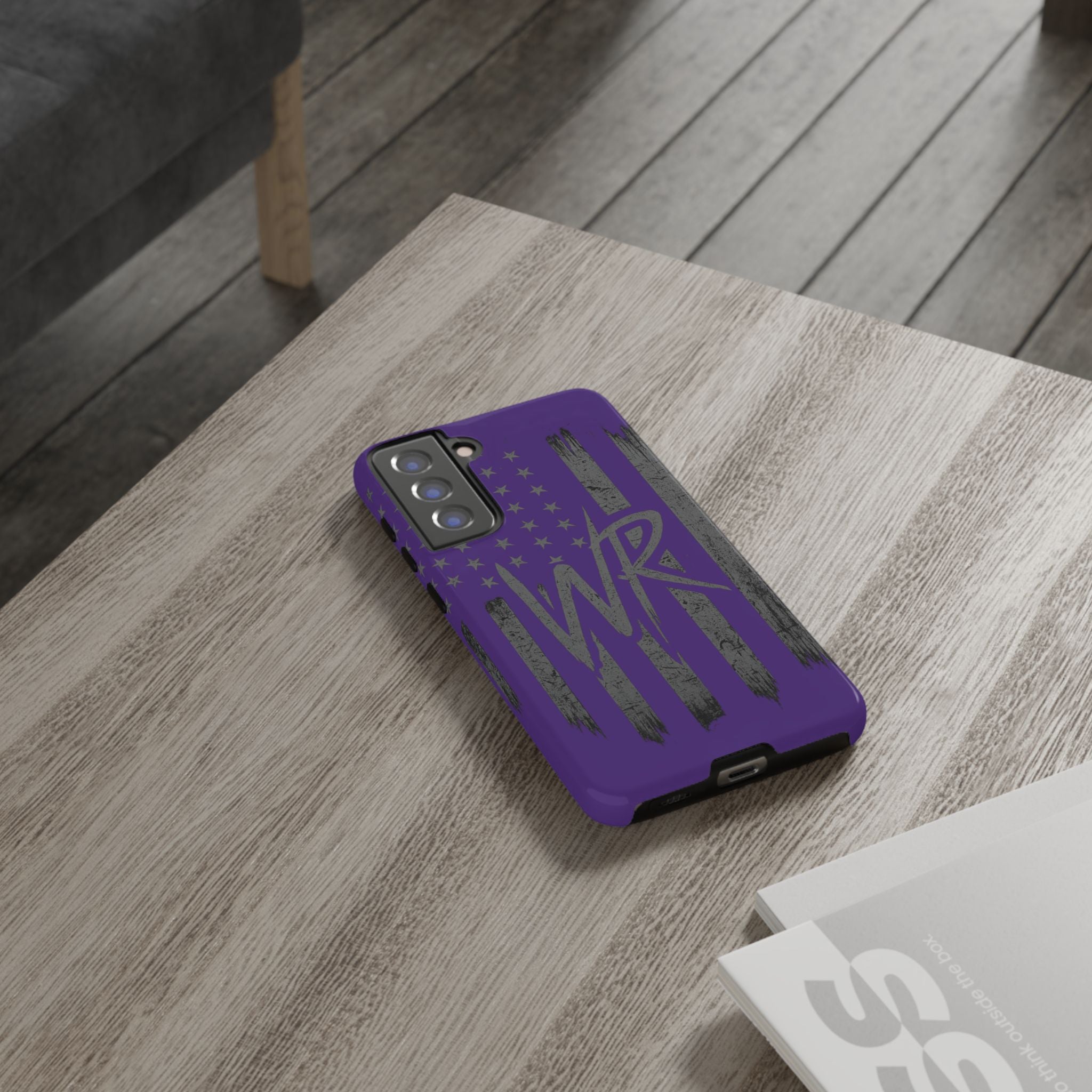 Purple 'WR' flag tough phone case by Printify, showcasing durable design and vibrant color for device protection.