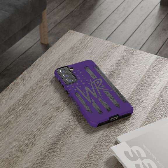 Purple 'WR' flag tough phone case by Printify, showcasing durable design and vibrant color for device protection.