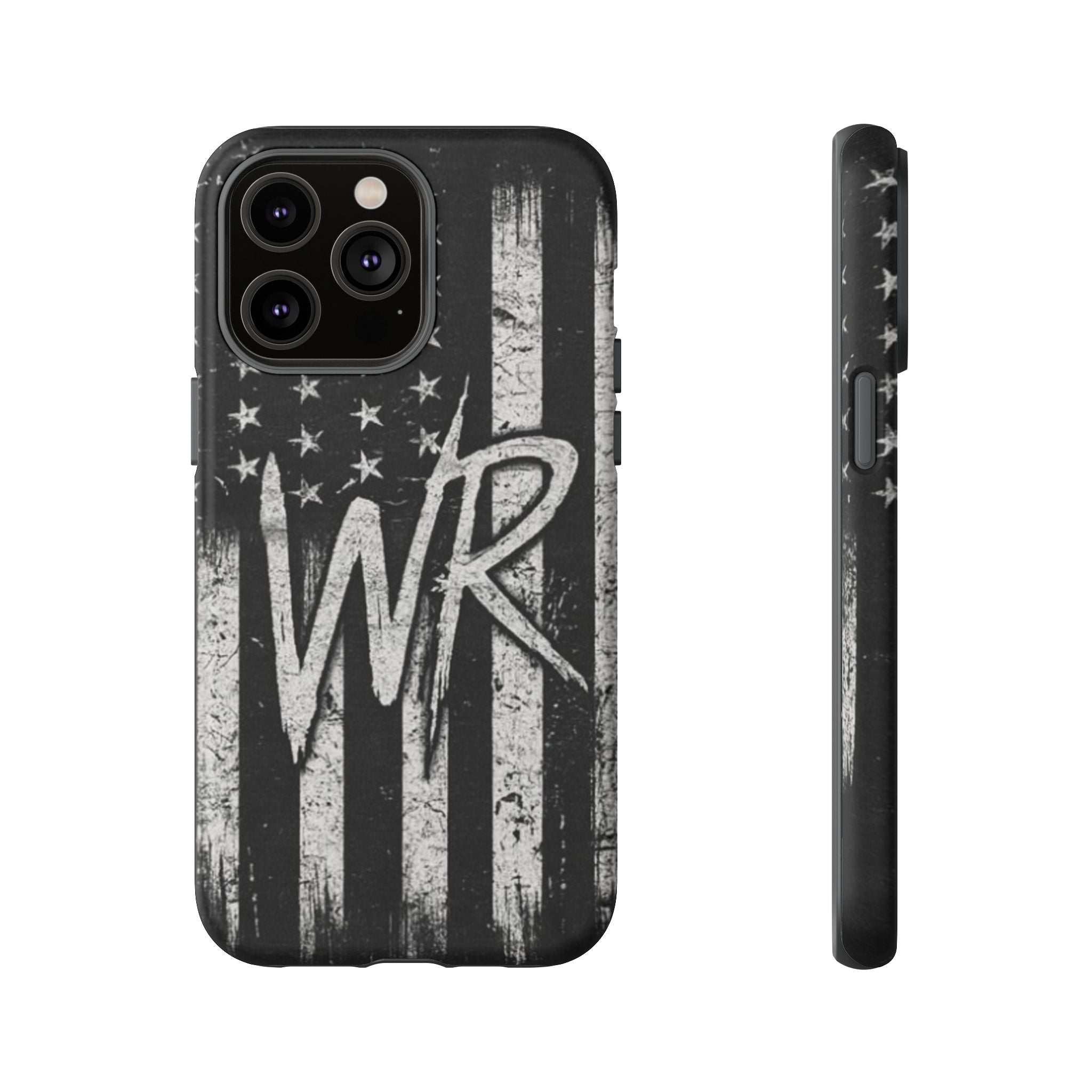 Distressed American flag design on a Patriotic Monogram Tough Phone Case featuring initials WR by Printify.