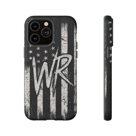Distressed American flag design on a Patriotic Monogram Tough Phone Case featuring initials WR by Printify.