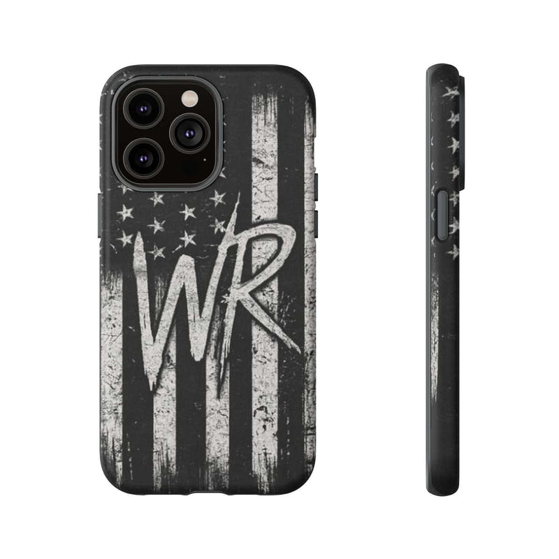 Distressed American flag design on a Patriotic Monogram Tough Phone Case featuring initials WR by Printify.