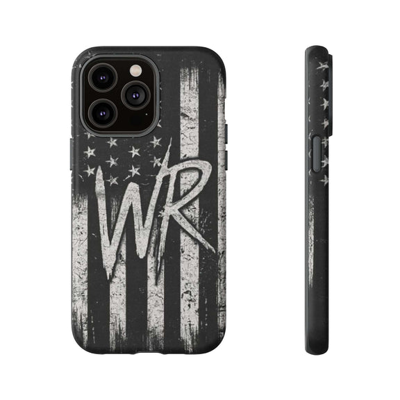 Distressed American flag design on a Patriotic Monogram Tough Phone Case featuring initials WR by Printify.