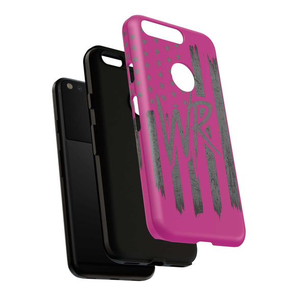 Pink 'WR' Flag Tough Phone Case by Printify featuring a durable design with vibrant colors and a stylish flag pattern.