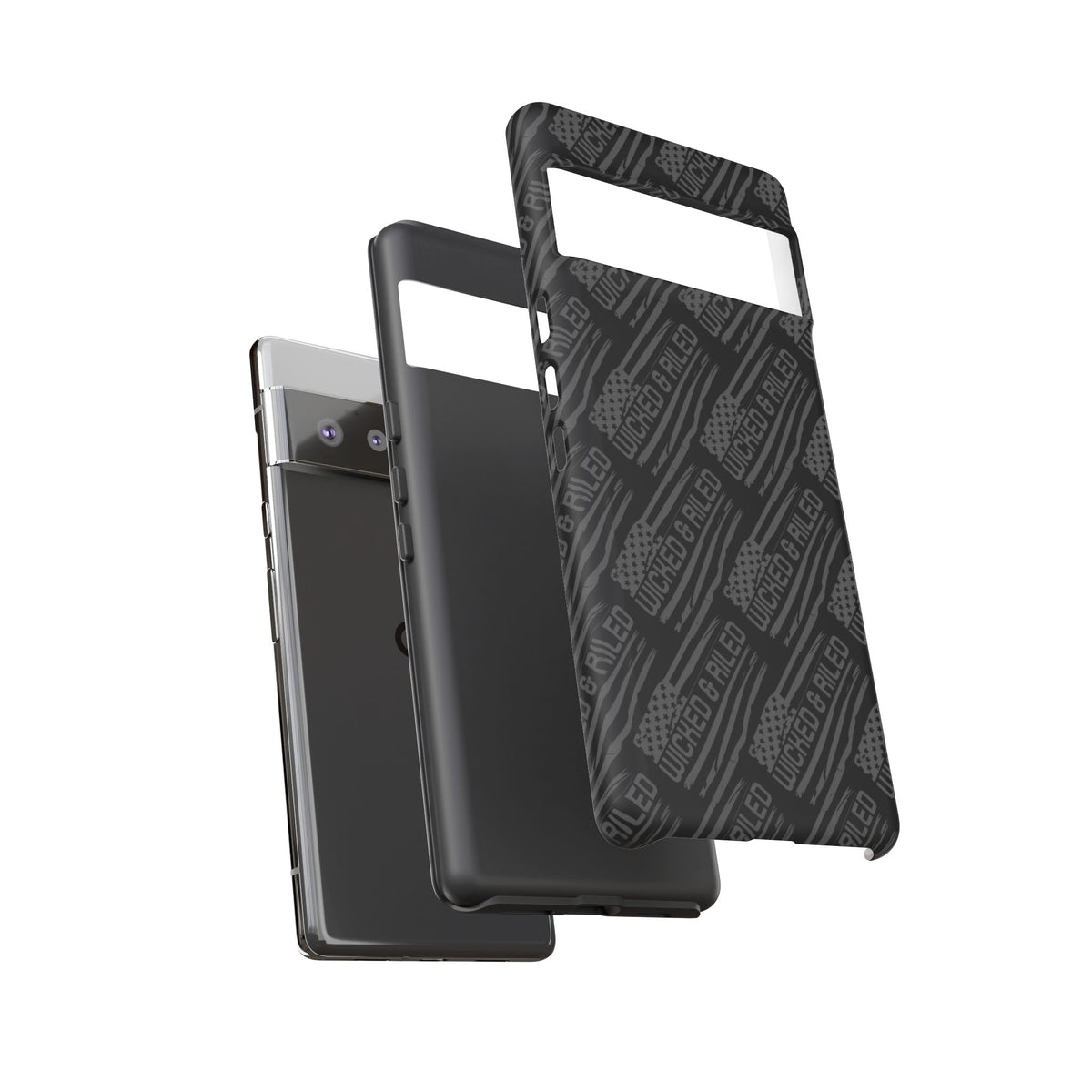 Rugged black protective phone case by Printify featuring a textured "TOUGH CASES" pattern for enhanced grip and durability.