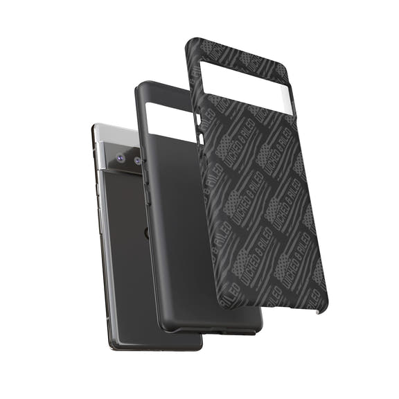 Rugged black protective phone case by Printify featuring a textured "TOUGH CASES" pattern for enhanced grip and durability.
