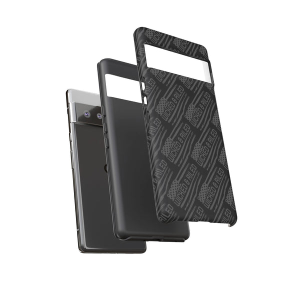 Rugged black protective phone case by Printify featuring a textured "TOUGH CASES" pattern for enhanced grip and durability.