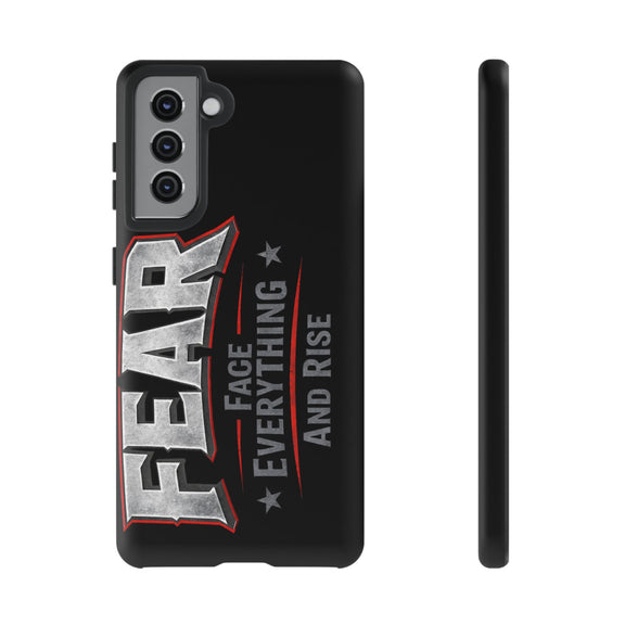 Fear Phone Case by Printify featuring a motivational design with "Face Everything and Rise" text on a sleek surface.