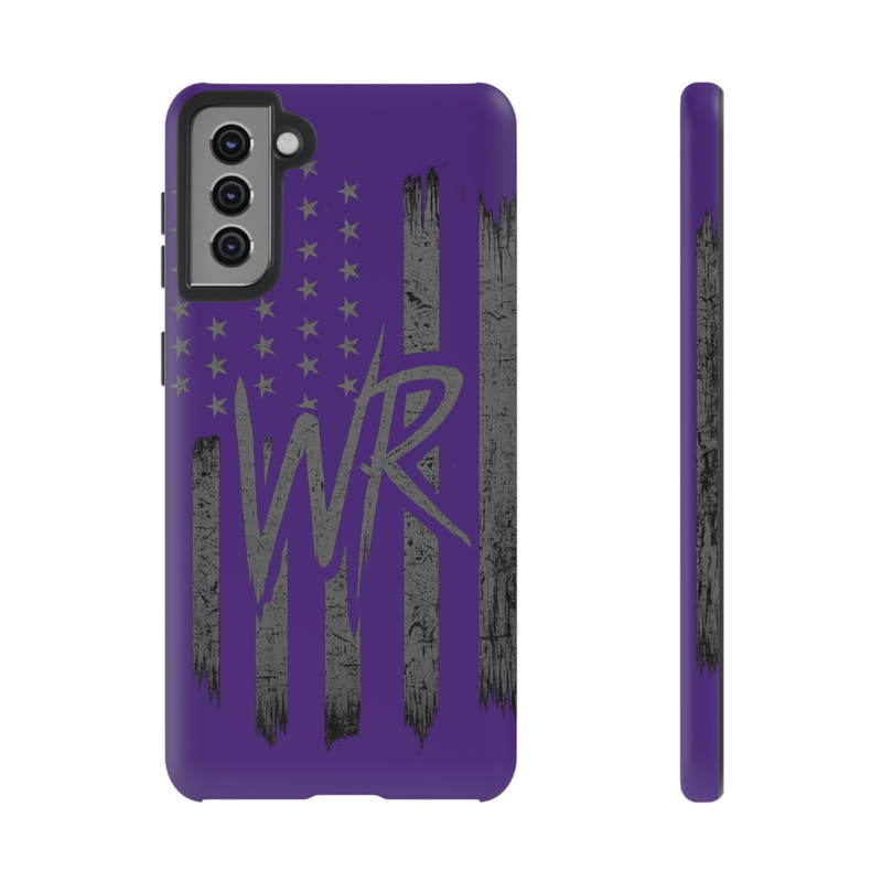 Purple 'WR' flag tough phone case by Printify with rugged design and precise cutouts for buttons and ports.