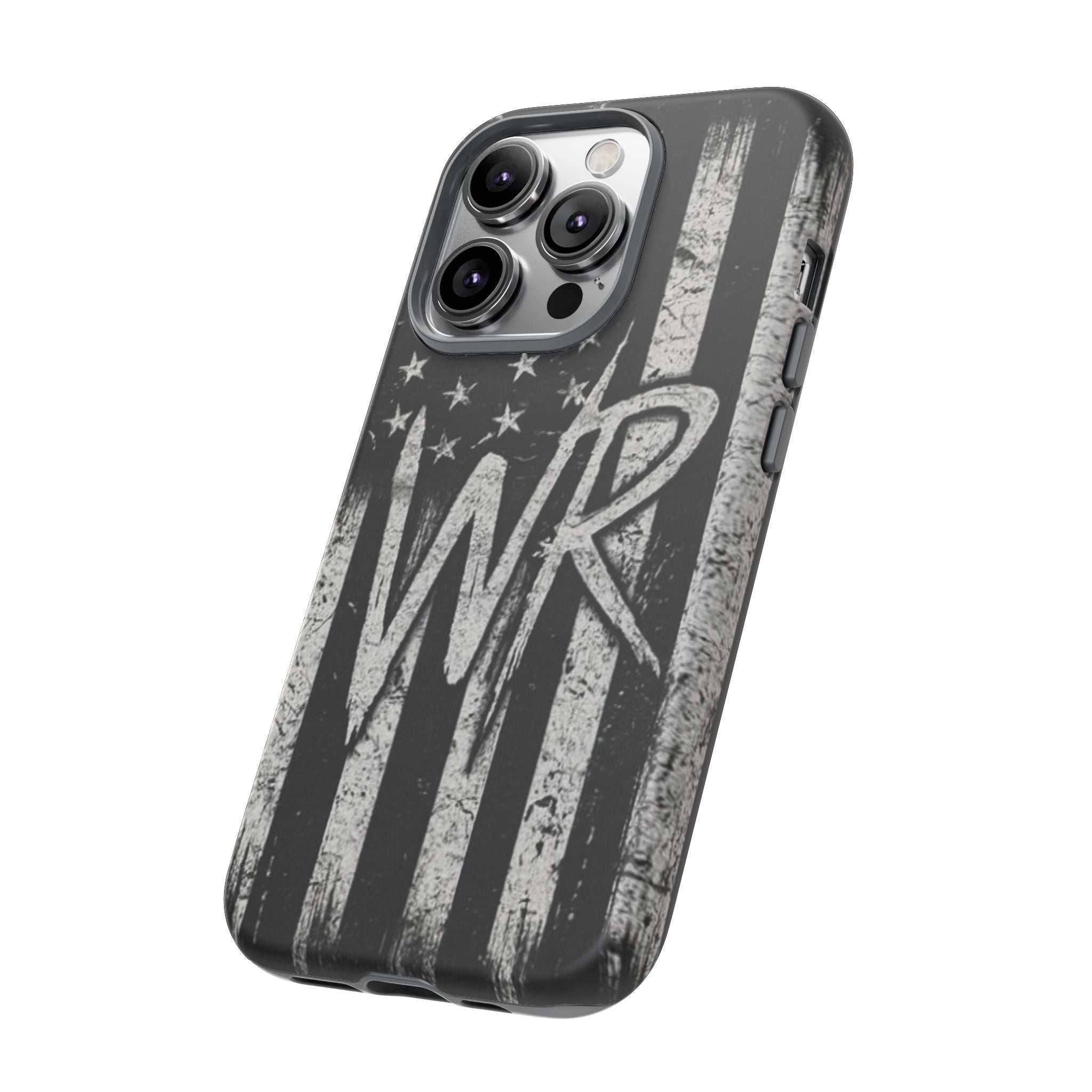 Distressed American flag phone case featuring a patriotic monogram "WR" by Printify, designed for tough protection.