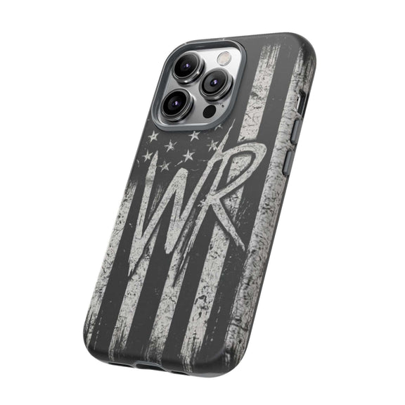 Distressed American flag phone case featuring a patriotic monogram "WR" by Printify, designed for tough protection.