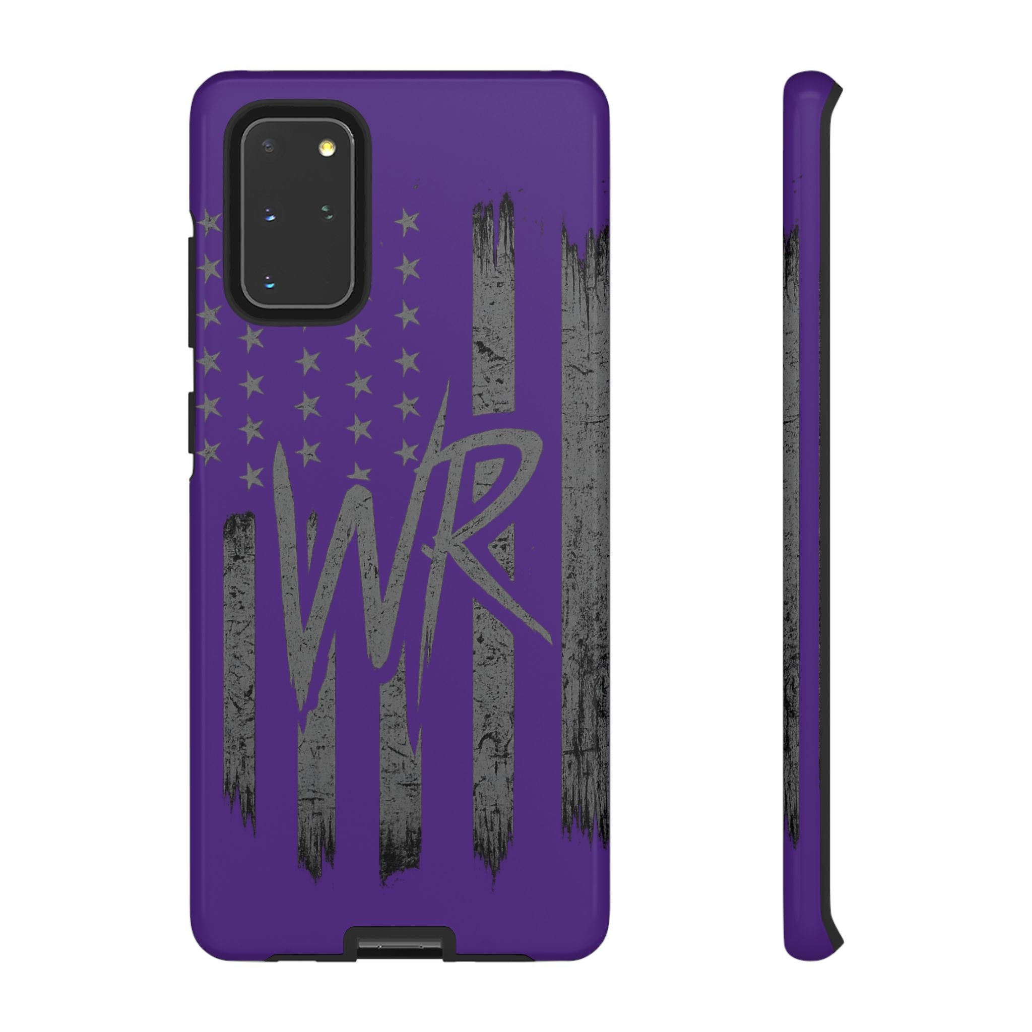 Purple 'WR' flag design tough phone case by Printify, showcasing durable protection and vibrant colors.