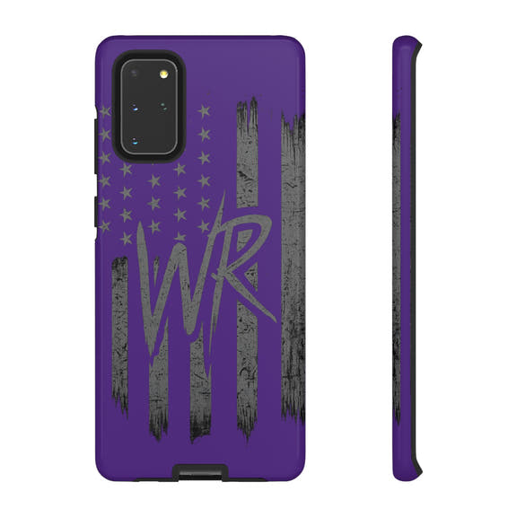 Purple 'WR' flag design tough phone case by Printify, showcasing durable protection and vibrant colors.