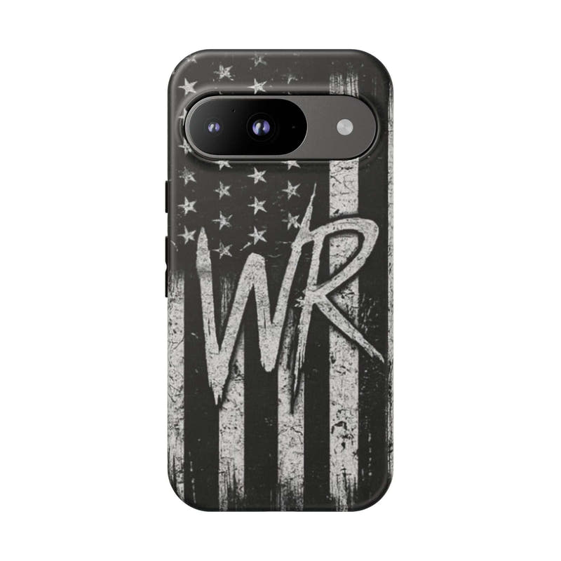 Distressed American flag design on a Patriotic Monogram Tough Phone Case featuring the letters WR by Printify.