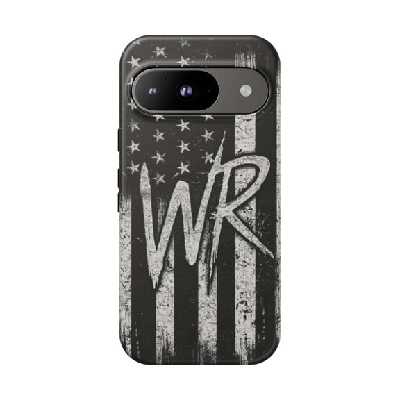 Distressed American flag design on a Patriotic Monogram Tough Phone Case featuring the letters WR by Printify.