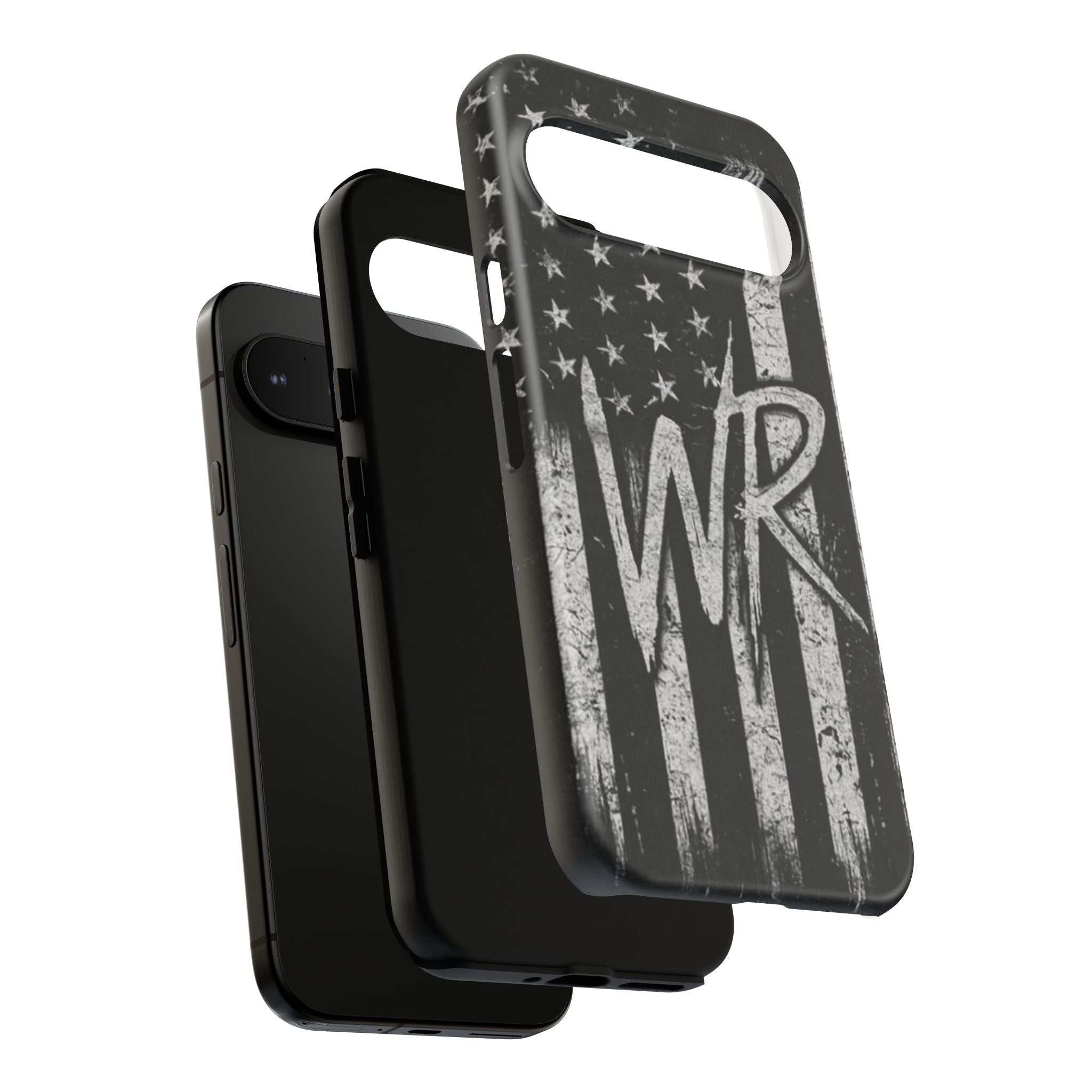 Distressed American flag design on a Patriotic Monogram Tough Phone Case by Printify featuring initials WR.
