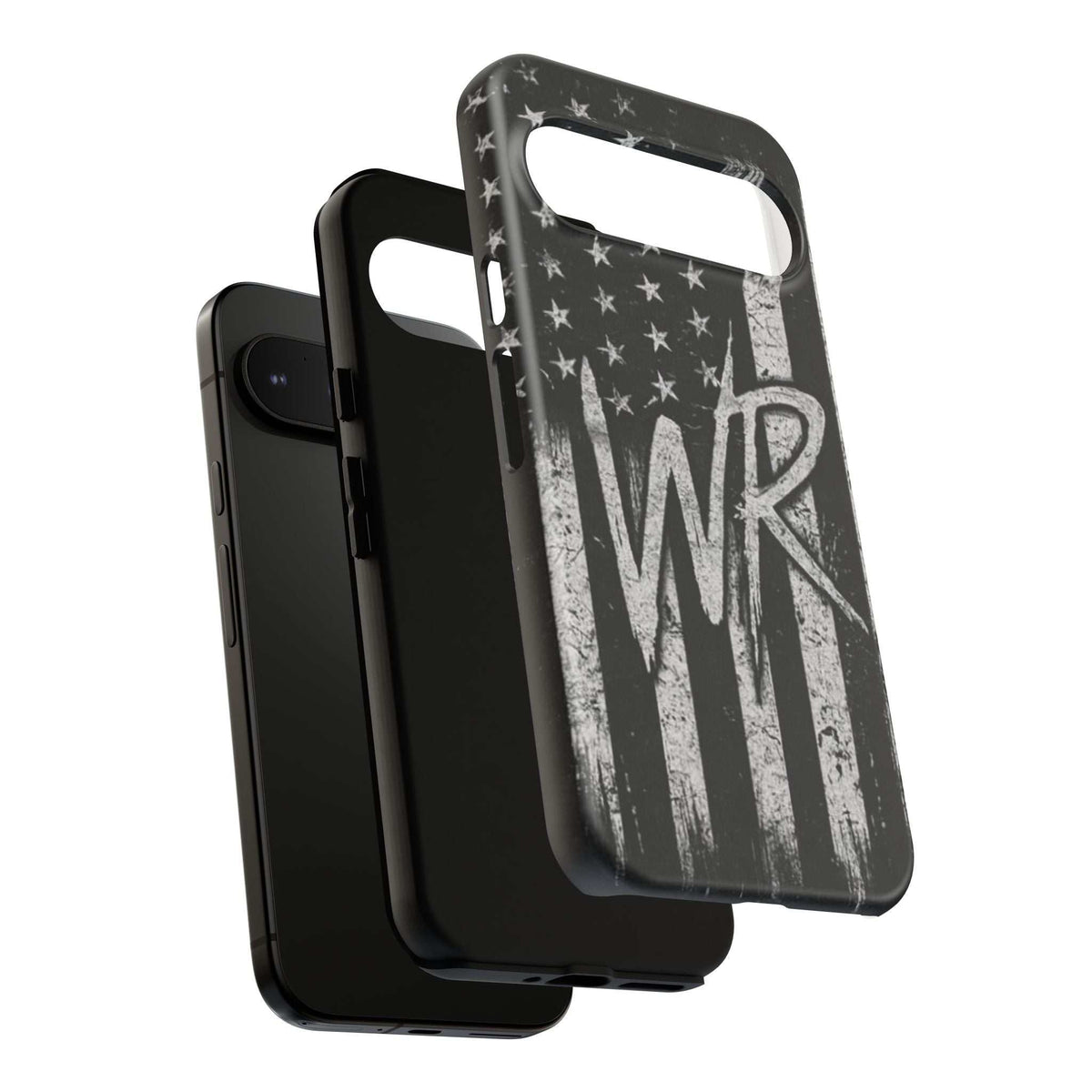 Distressed American flag design on a Patriotic Monogram Tough Phone Case by Printify featuring initials WR.