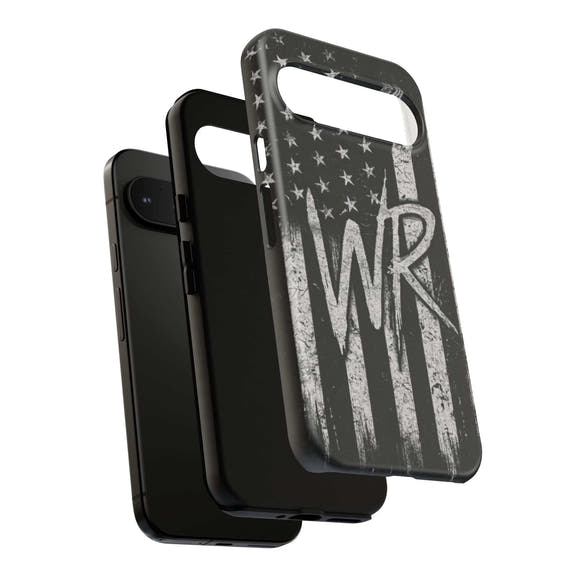 Distressed American flag design on a Patriotic Monogram Tough Phone Case by Printify featuring initials WR.