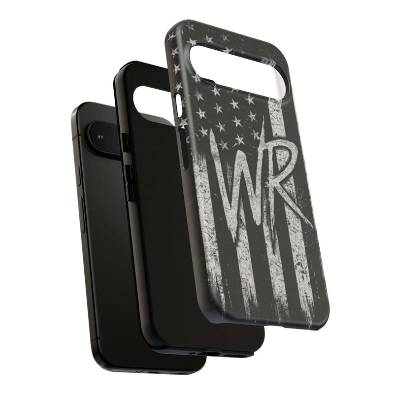 Distressed American flag design on a Patriotic Monogram Tough Phone Case by Printify featuring initials WR.