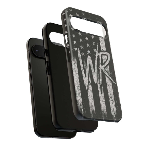 Distressed American flag design on a Patriotic Monogram Tough Phone Case by Printify featuring initials WR.