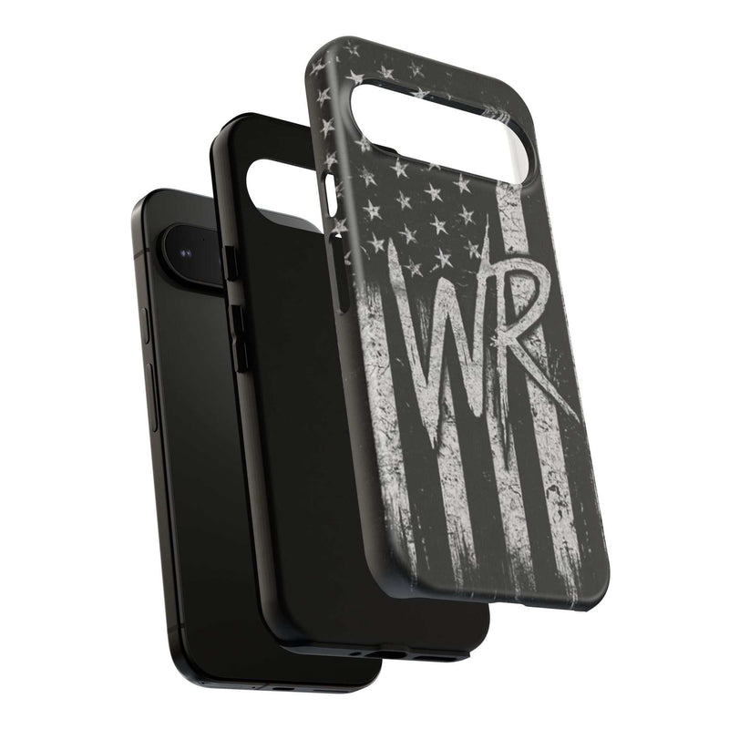Distressed American flag design on a Patriotic Monogram Tough Phone Case by Printify featuring initials WR.