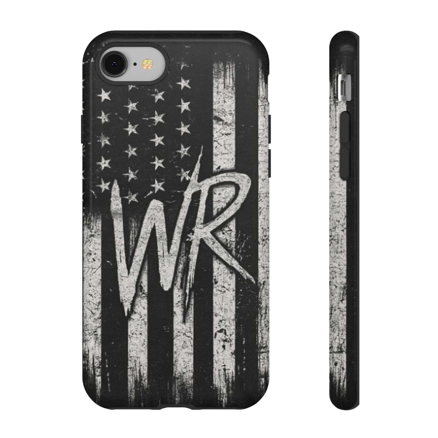 Distressed American flag design on a Patriotic Monogram Tough Phone Case featuring the initials WR by Printify.