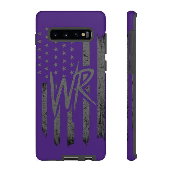 Purple 'WR' flag tough phone case by Printify, showcasing durable design and vibrant colors for protection.
