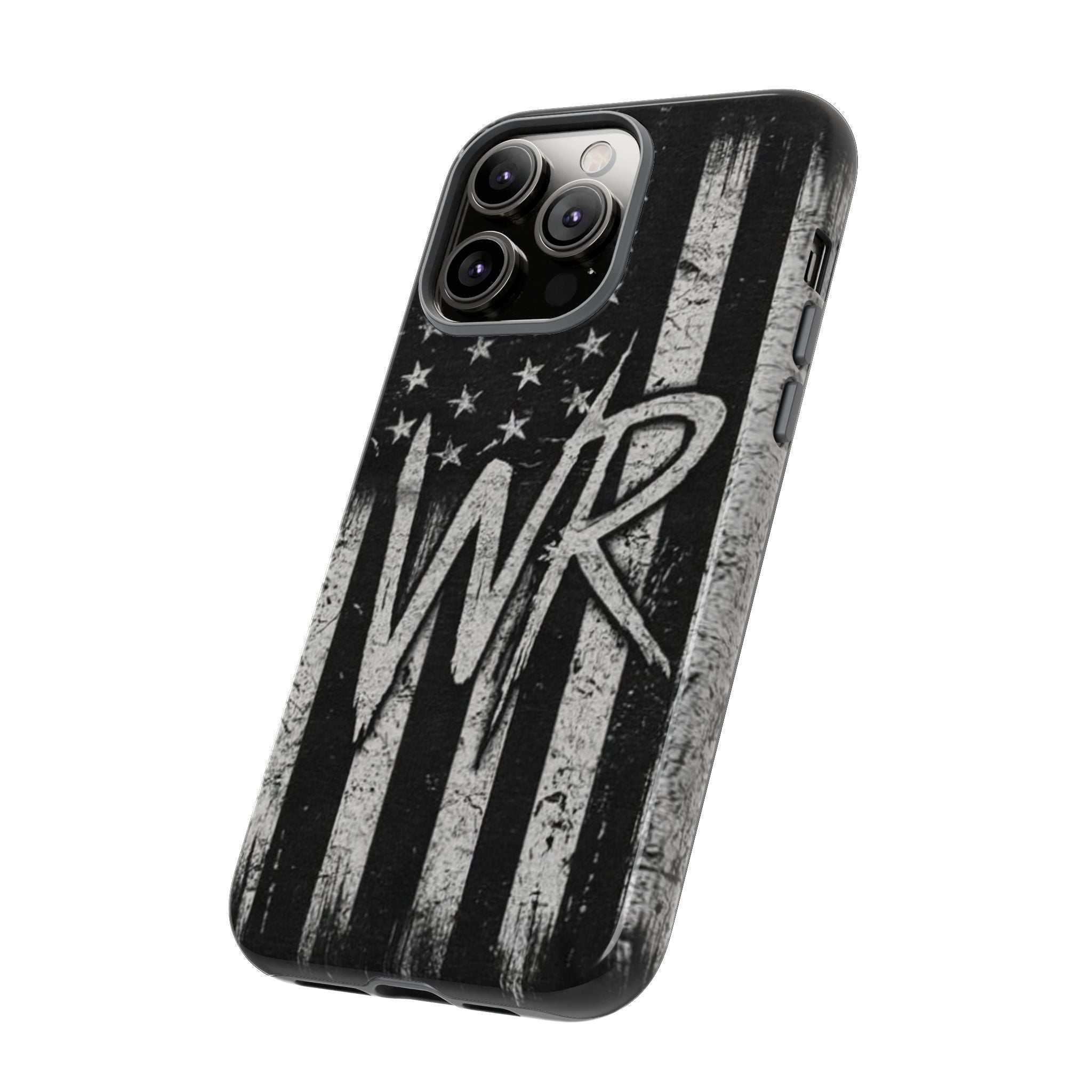 Patriotic monogram phone case featuring a distressed American flag design and the initials WR by Printify.