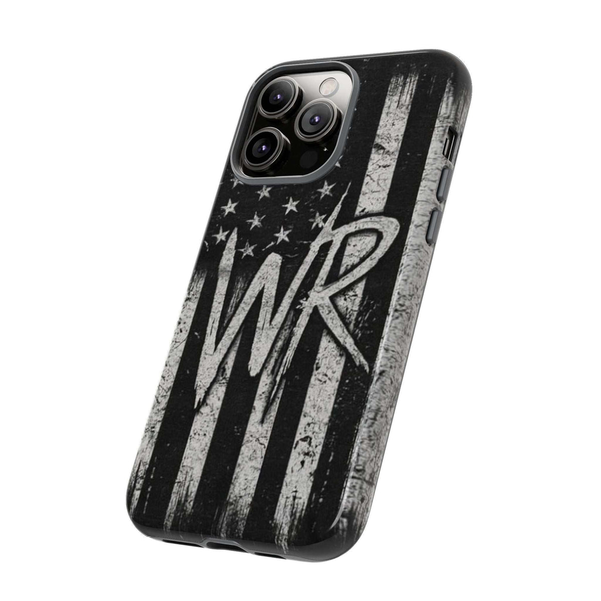 Patriotic monogram phone case featuring a distressed American flag design and the initials WR by Printify.