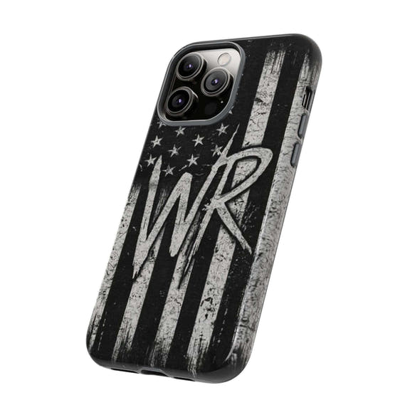 Patriotic monogram phone case featuring a distressed American flag design and the initials WR by Printify.