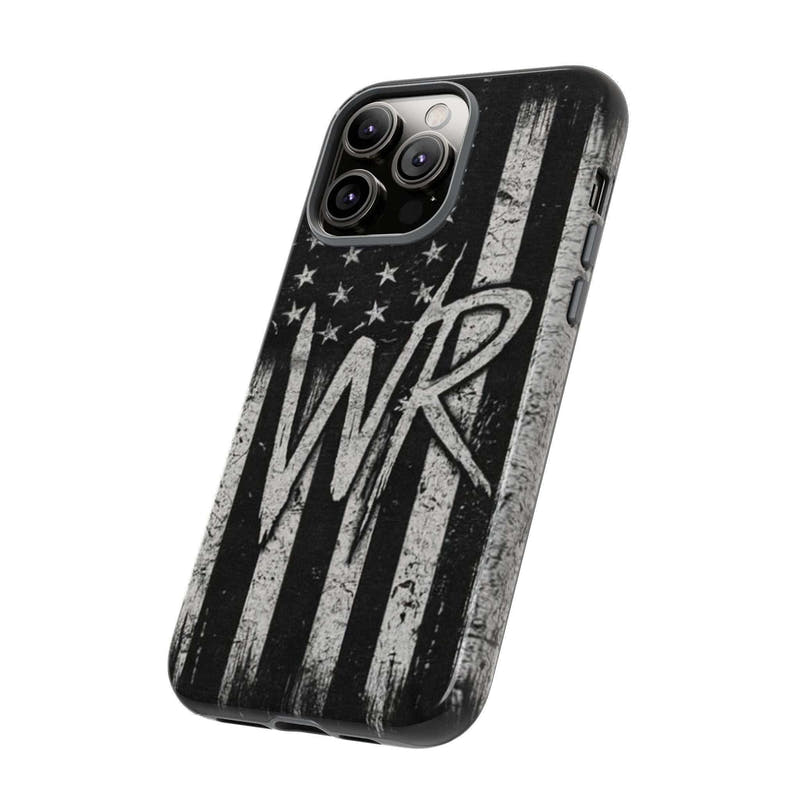 Patriotic monogram phone case featuring a distressed American flag design and the initials WR by Printify.
