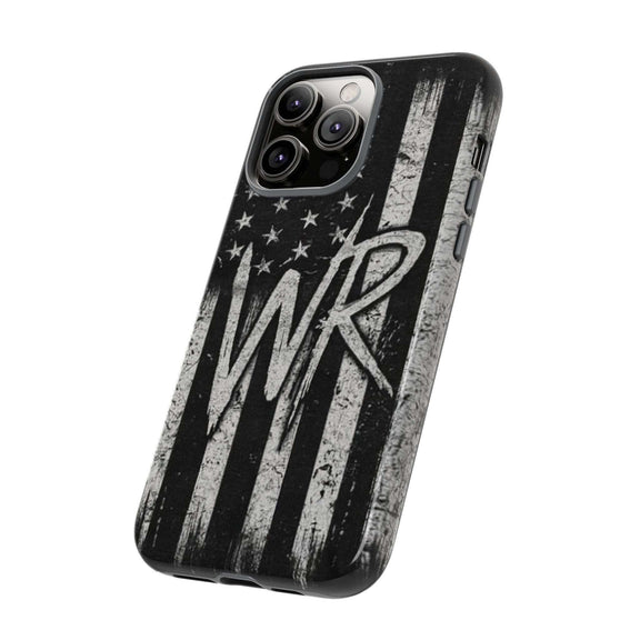 Patriotic monogram phone case featuring a distressed American flag design and the initials WR by Printify.