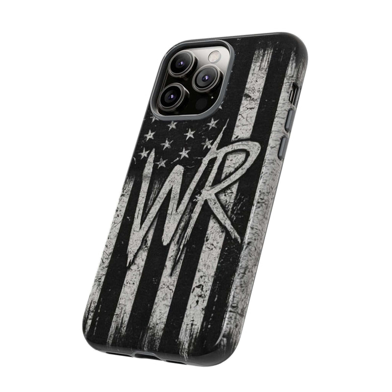 Patriotic monogram phone case featuring a distressed American flag design and the initials WR by Printify.