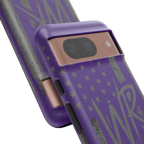 Purple 'WR' flag design on a tough phone case by Printify, showcasing durability and vibrant colors.