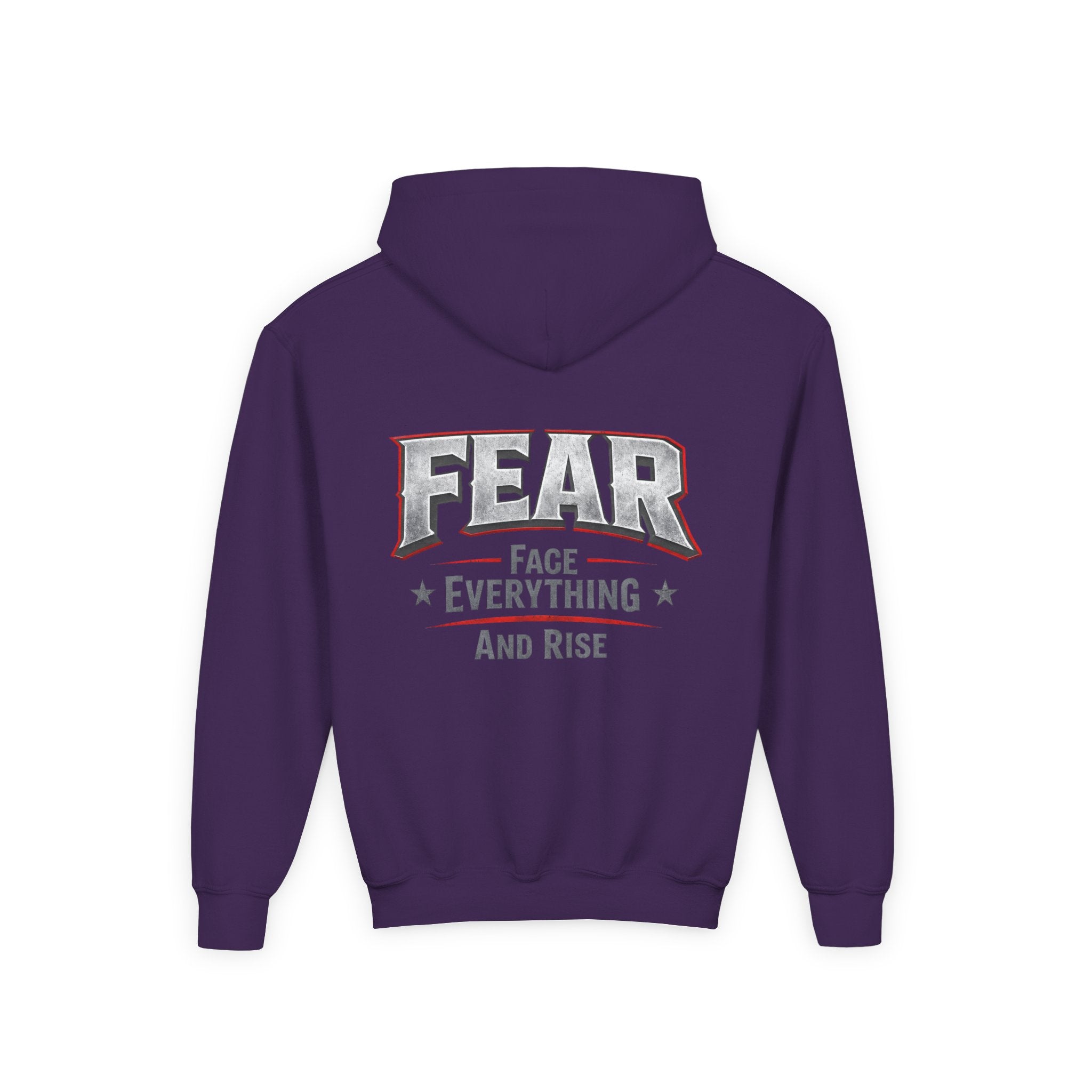 Youth Hoodie Distressed American Flag with 'WR' Front & 'Fear Face Everything And Rise' Motivational Back - Wicked & Riled Clothing