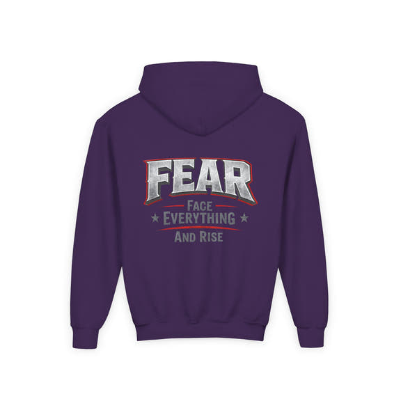Youth Hoodie Distressed American Flag with 'WR' Front & 'Fear Face Everything And Rise' Motivational Back - Wicked & Riled Clothing