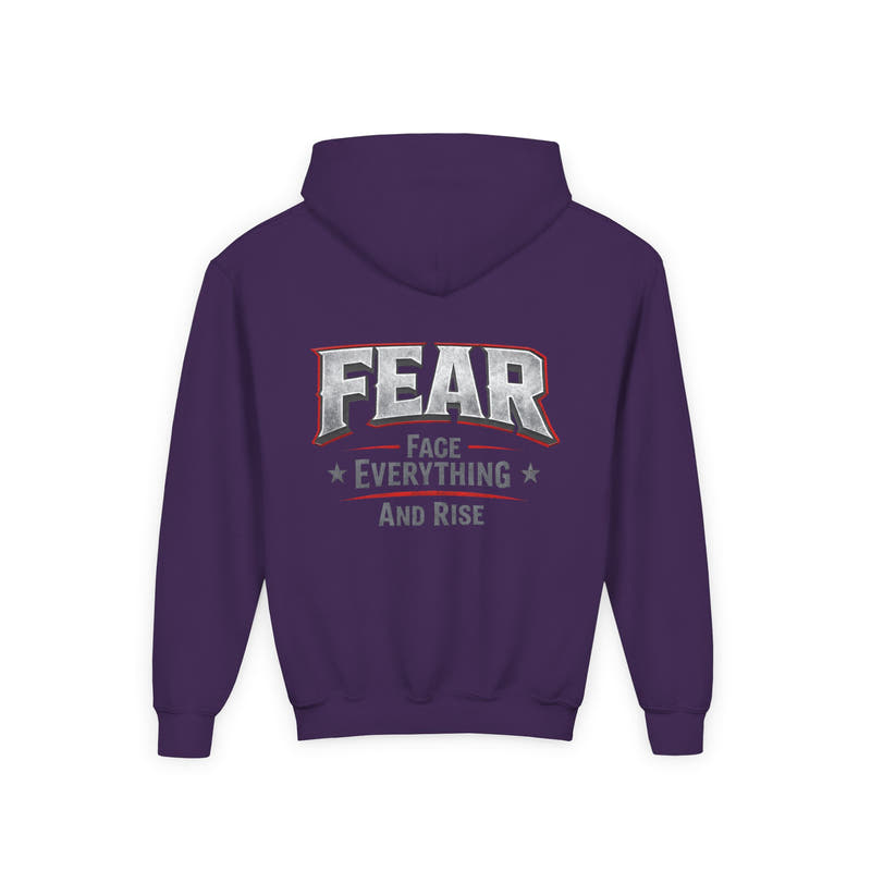 Youth Hoodie Distressed American Flag with 'WR' Front & 'Fear Face Everything And Rise' Motivational Back - Wicked & Riled Clothing