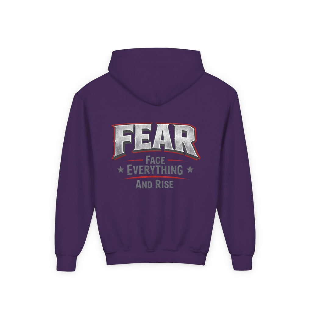 Youth Hoodie Distressed American Flag with 'WR' Front & 'Fear Face Everything And Rise' Motivational Back