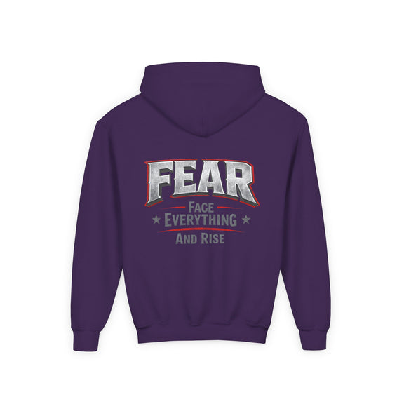 Youth Hoodie Distressed American Flag with 'WR' Front & 'Fear Face Everything And Rise' Motivational Back - Wicked & Riled Clothing