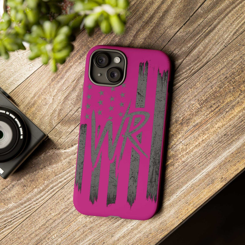 Pink 'WR' Flag Tough Phone Case by Printify featuring a durable design and vibrant flag graphic on a protective cover.