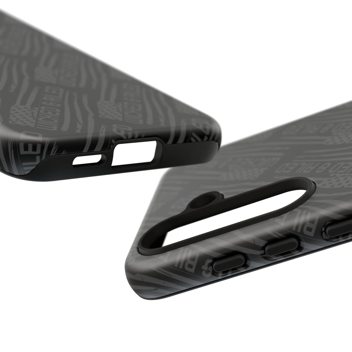 Rugged black protective phone case by Printify featuring a textured TOUGH CASES pattern for enhanced grip and durability.