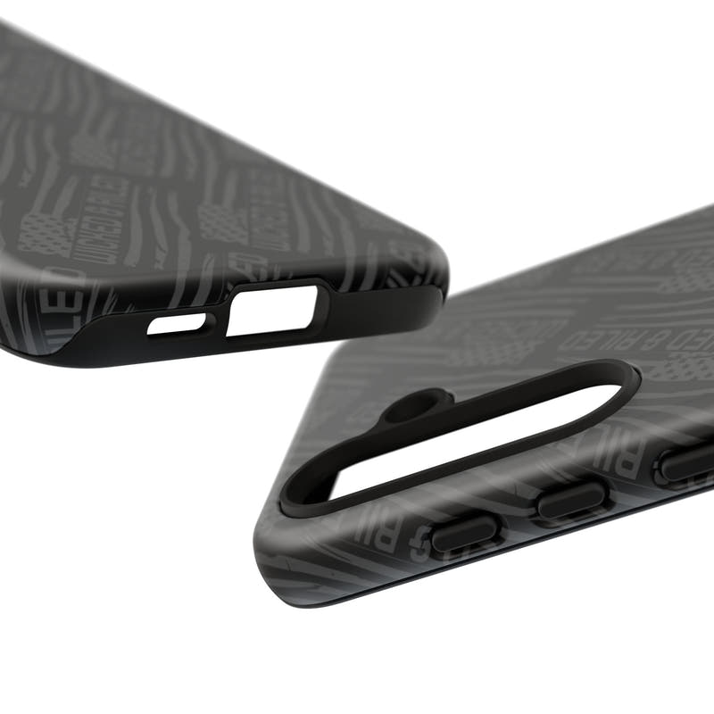 Rugged black protective phone case by Printify featuring a textured TOUGH CASES pattern for enhanced grip and durability.