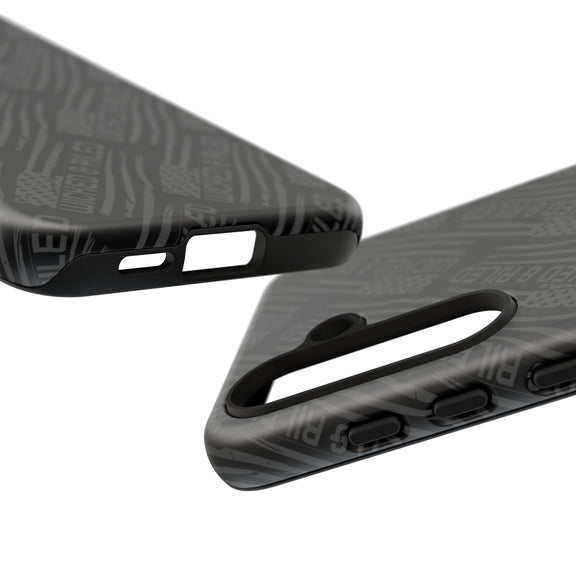Rugged black protective phone case by Printify featuring a textured TOUGH CASES pattern for enhanced grip and durability.