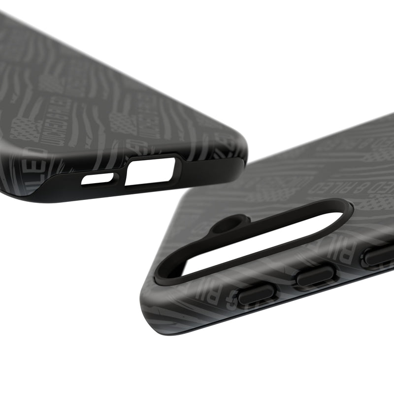 Rugged black protective phone case by Printify featuring a textured TOUGH CASES pattern for enhanced grip and durability.