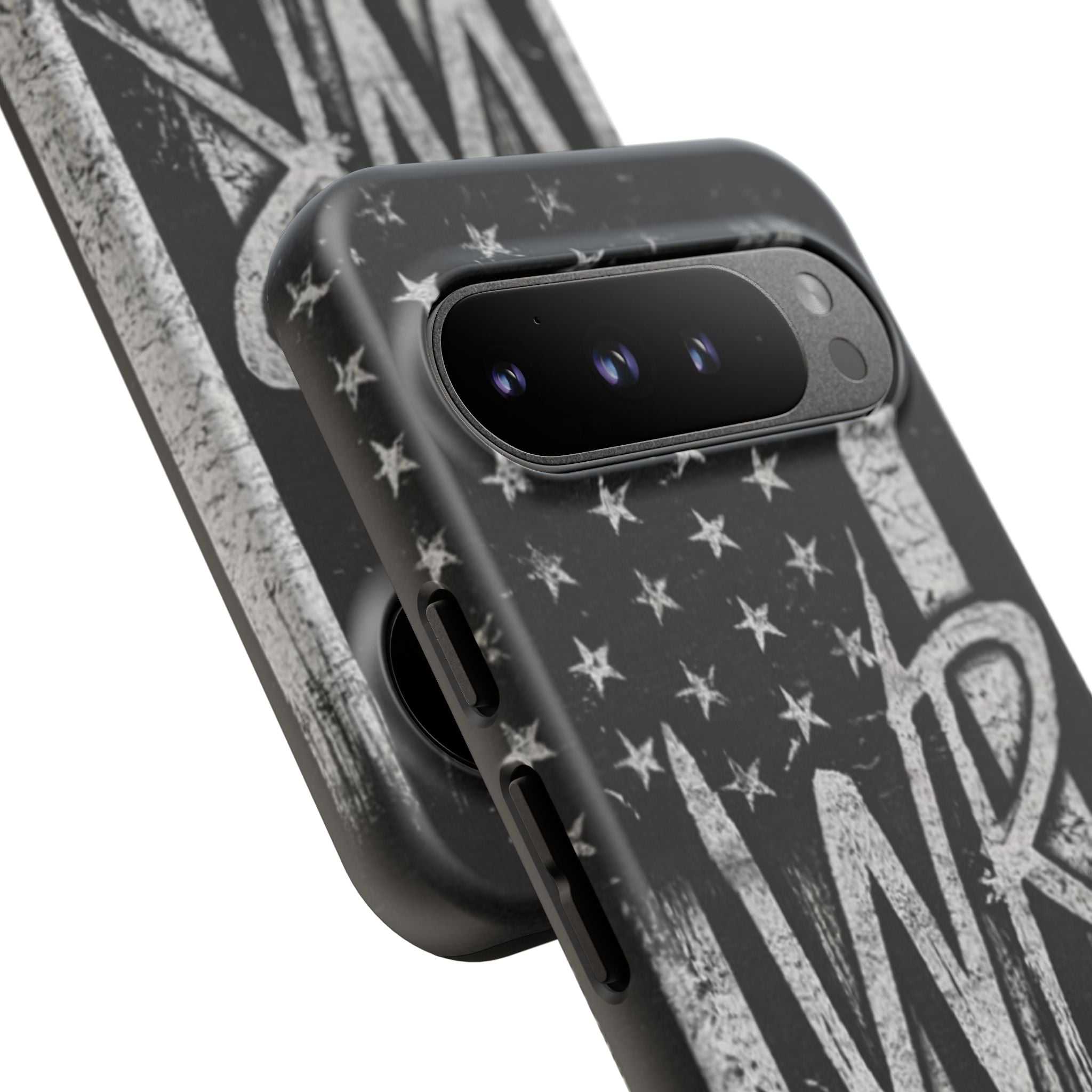 Distressed American flag design on a tough phone case featuring a monogram "WR" by Printify.