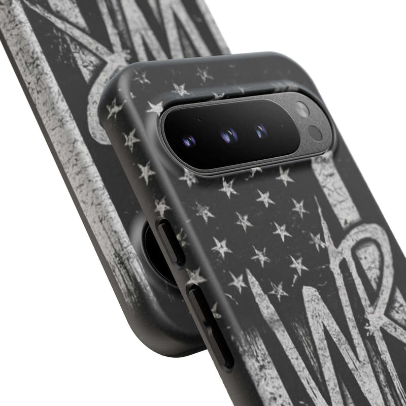 Distressed American flag design on a tough phone case featuring a monogram "WR" by Printify.