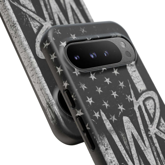 Distressed American flag design on a tough phone case featuring a monogram "WR" by Printify.