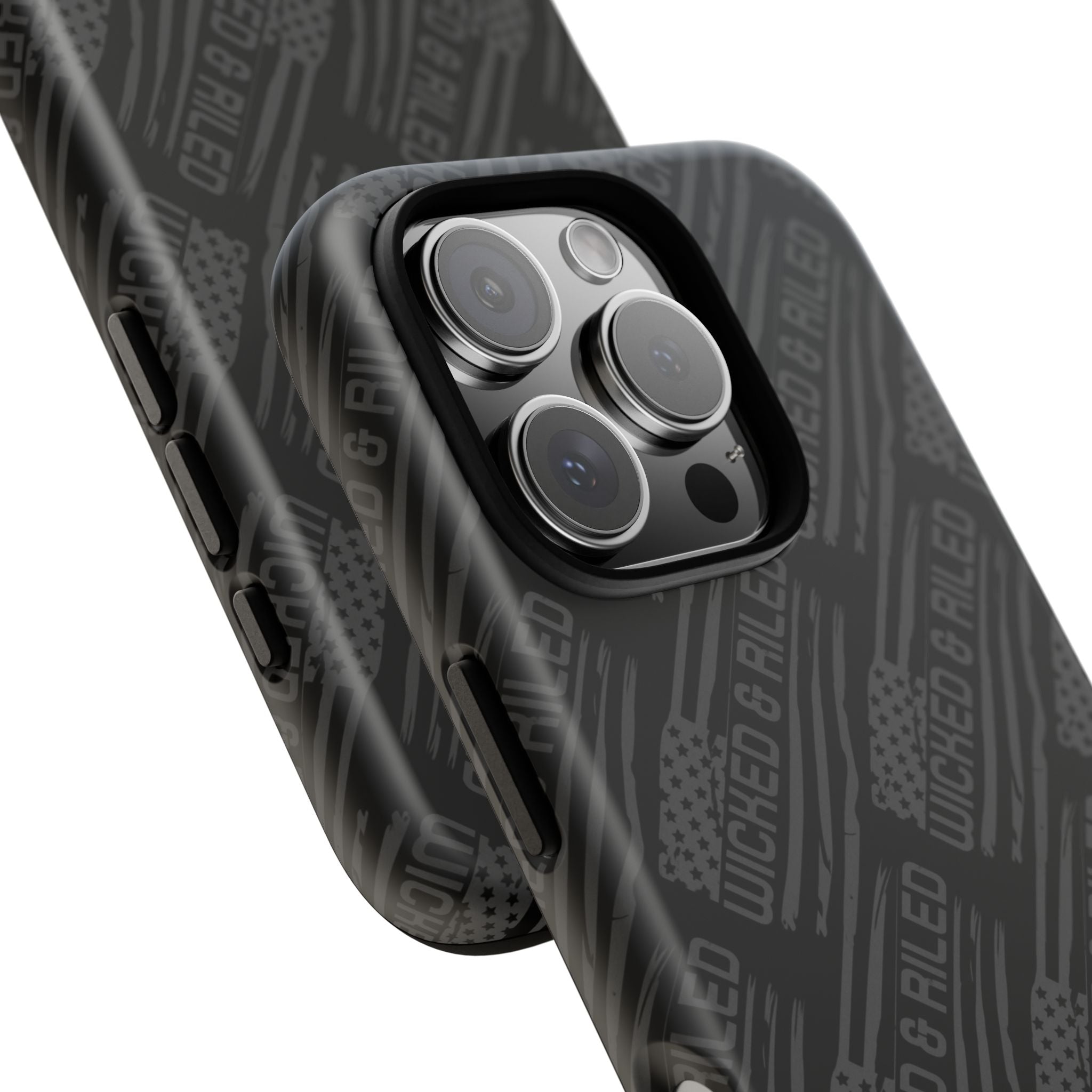 Rugged black protective phone case by Printify featuring a textured "TOUGH CASES" pattern for added grip and durability.