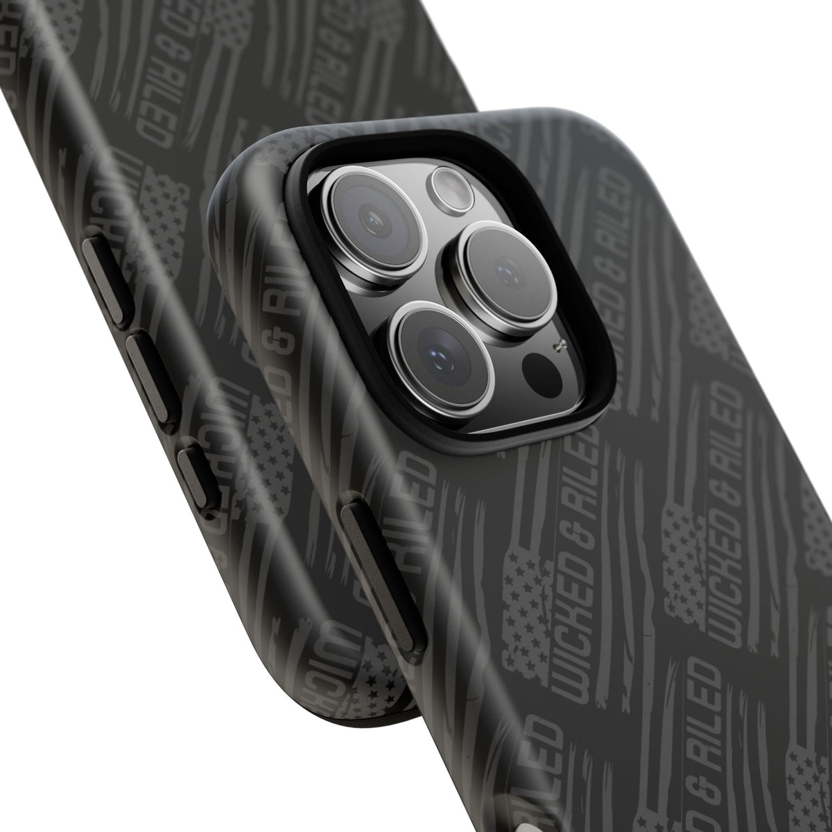 Rugged black protective phone case by Printify featuring a textured "TOUGH CASES" pattern for added grip and durability.