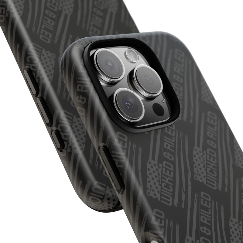 Rugged black protective phone case by Printify featuring a textured "TOUGH CASES" pattern for added grip and durability.