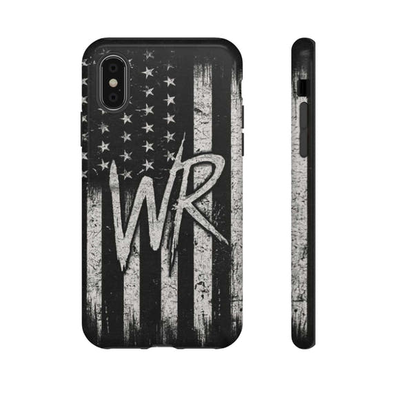 Distressed American flag phone case featuring a custom WR monogram by Printify, designed for durability and style.